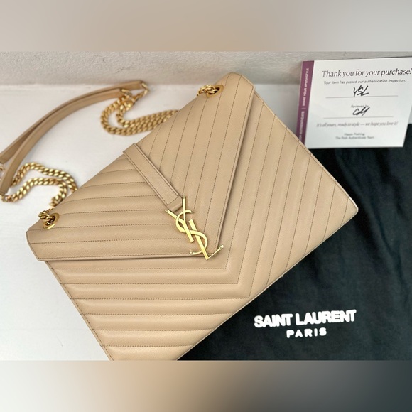 Auth SAINT LAURENT Grain De Poudre Matelasse Chevron Large Monogram Satchel Bag - Picture 12 of 16